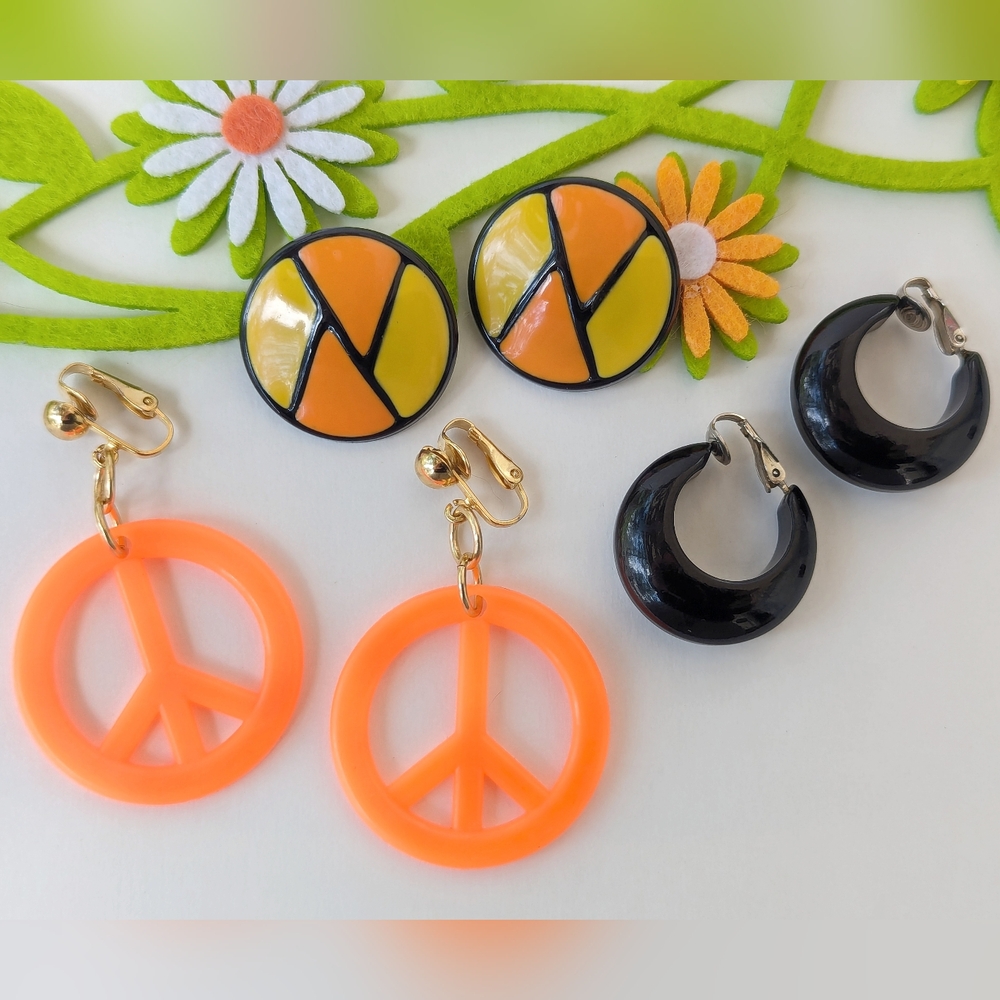 Vtg. Lot of 3 Pr. Earrings- Clip On Pierced Peace Sign Hoops Enamel Orange Black